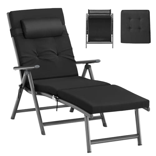Image of SONGMICS Folding Sun Lounger with 6 cm Thick Mattress, Garden Chair, Removable Pillow, Aluminium Structure, Rust-Resistant, Breathable, Comfortable, Adjustable, Hold up to 150 kg, Black GCB024B01