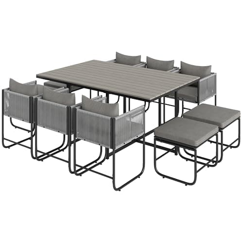 Image of Outsunny 10 Seater Rattan Cube Garden Furniture Set, Rattan Dining Set with Cushions, Outdoor Dining Table and Chairs with 6 Armchairs, 4 Stools, Rectangular Wood Grain Plastic Top Table, Grey