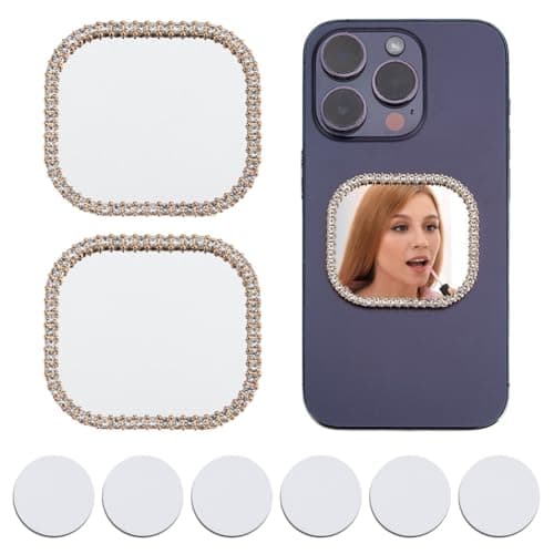 Image of DELORIGIN 2 Pcs Bling Mirror Decal Phone Back Adhesive Mirror Charm Sticker Square Make up Mirror with Rhinestones for Smartphone Phone Case Back Accessories Mobile Phone Stick-On Mirror Charms Gold