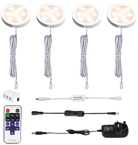 Image of AIBOO LED Under Cabinet Kitchen Lights Plug in Wired 4 Pack with Remote,Warm White Dimmable Under Cupboard Kitchen Lights Mains Powered,Under Counter Light Display for Closet Showcase Wardrobe