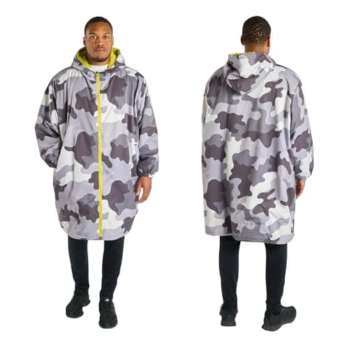 Image of OHS Mens Waterproof Coat Changing Robe, Oversized Camouflage Dry Robes Adult Womens Lightweight Fleece Lining Mens Dry Robe with Hood & Pockets Breathable Ladies Coats for Outdoor, Grey/Green - L/XL