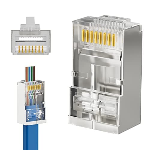 Image of iwillink 50-Pack Shielded RJ45 Cat6 Pass Through Connectors, Ethernet Cable Crimp Connectors STP Network 8P8C Gold Plated Modular Plug for Solid Wire and Standard Cable
