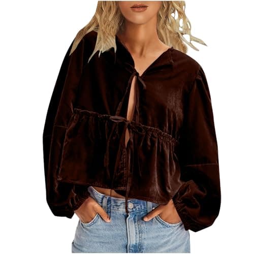 Image of Womens Velvet Peplum Top Bow Tie Front Cute Babydoll Tops Long Sleeve Dressy Casual Holiday Going Out Tops Brown