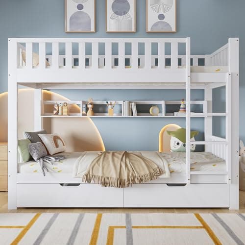 Image of Merax Double Bunk Bed with Ladder, Slide 2 Drawers, Shelf, for 2 Kids, can be split into 2 standard singles 3ft beds, Solid Pine Wood Frame, White (2 * 90x190cm)