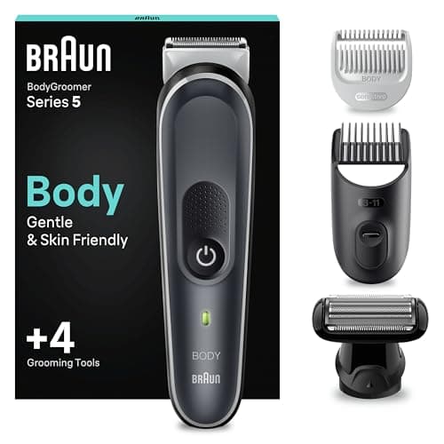 Image of Braun Body Groomer Series 5 5370, for Men, Incl. 2 Combs 3mm-11mm Lengths, SkinShield Technology Gentle Use and Clean Shave Attachment, Waterproof, Cordless with 100-min Run Time, Noir, 1.0 Count