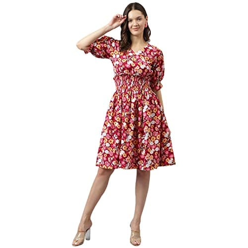 Image of KERI PERRY Women's Red Crepe Floral Printed Fit & Flared Western Dress| Dress for Women |A line Dress|Summer Dress|Western Dress | Latest Women Dress | Trendy Dress for Dress|Midi Dress, Red, L