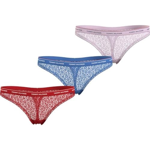 Image of Tommy Hilfiger Women's 3 Pack Thong Lace (Ext Sizes) Uw0uw04896 Thongs, Red (Fierce Red/Blue Spell/Pearly Pink), XXL