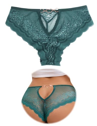 Image of ohmydear Women's Brazilian Knickers Green Sexy Panties Back with Heart Charm Ladies Briefs Plus Size Lace French Knicker Underwear for Lingerie Outfits, UK 18