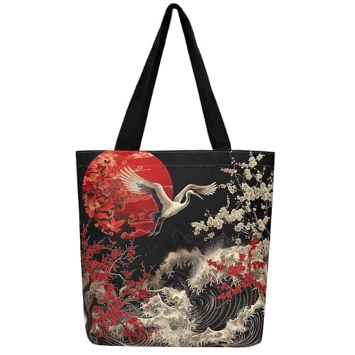 Image of Homewish Oriental Cherry Blossoms Grocery Bag Japanese Asian Print Canvas Tote Bag, Black and Red Shopping Bag Chic Crane Canvas Bag, Ocean Waves Diaper Bag Tote Bag