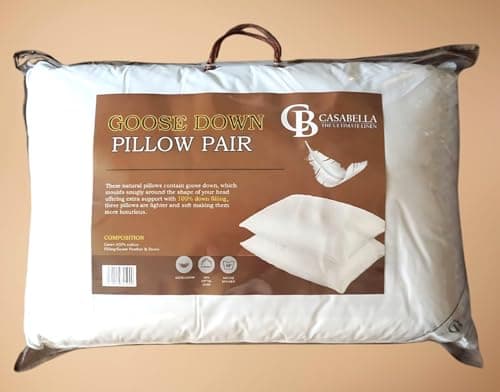 Image of Casabella Luxury Goose Feather & Down Pillows - 2 Pack - Premium Quality, 100% Cotton Shell, Hypoallergenic, Hotel Pillows, Medium & Soft Firmness, UK Standard Size (48x74cm)