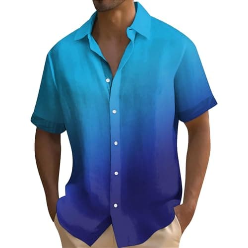 Image of Men's Short Sleeve Shirts UK Gradient Colour Button Down Hawaiian Shirt Summer Vacation Beach Shirts Lightweight Regular Fit Casual Tops Blue 2XL