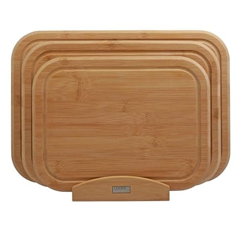 Image of Cooks Professional 3 Piece Bamboo Chopping Board Set with Storage Stand | Durable Wooden Cutting Boards in 3 Sizes for Fruit, Vegetables, Meat, Bread | Natural