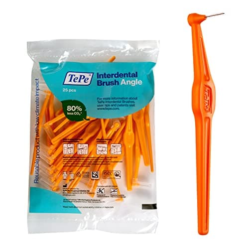 Image of TePe Interdental Brush Angle, Angled Dental Brush for Teeth Cleaning, Pack of 25, 0.45 mm, Extra-Small/Small Gaps, Orange, Size 1