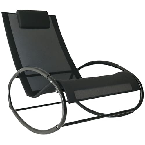 Image of Outsunny Rocking Chair Sun Lounger Recliner Rocker Texteline Fabric Patio Garden Relaxer with Pillow, Black