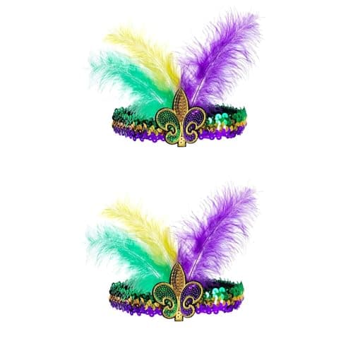 Image of MEISH Mardi Gras Headband Sequin Faux Feather Fascinators Headpieces Masquerade Mask Party Fleur De Lis Hair Band for Women Girls(2)