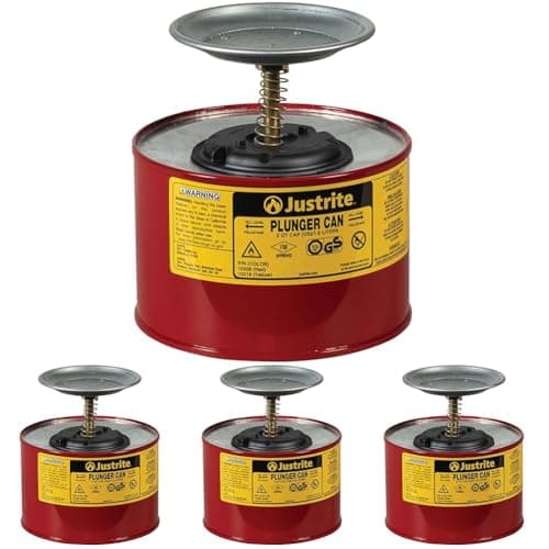 Image of Justrite 10208 Steel Plunger Safety Can with Brass and Ryton Pump Assembly, 2 L Capacity, 7-1/4" OD x 7-3/8" H, Red (Pack of 4)