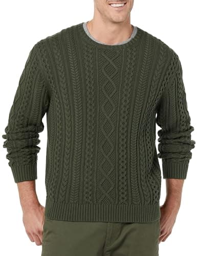 Image of Amazon Essentials Men's Long-Sleeve 100% Cotton Fisherman Cable Crewneck Jumper, Dark Olive, L