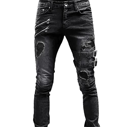 Image of BiCophy Mens Slim Fit Stretch Jeans Vintage Ripped Destroyed Comfort Flex Waist Skinny Jeans Fashion Hip Hop Moto Biker Denim Pencil Pants Jean(Black,Medium)