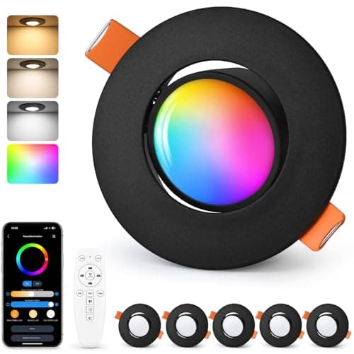 Image of GeyouLux LED Recessed Spotlight RGB Black, Smart LED Spotlights 230V 2700K-6500K Dimmable with App & Remote Control, 68-80mm 5W IP44 Ultra-flat, 45° Rotatable Recessed Lights for Living Room, 6 Pieces