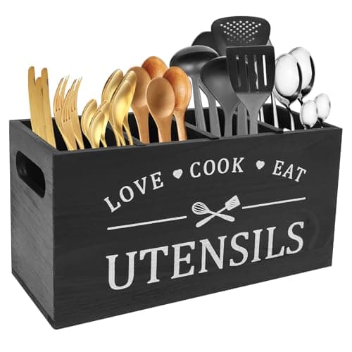 Image of Kitchen Utensils Holder, Kitchen Cooking Utensil Organizer with 4 Compartment and Drainage Bottom, Farmhouse Utensil Organiser Cutlery Caddy , Wooden Cooking Tools Storage for Countertop (Black)