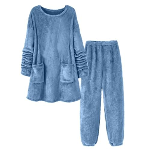 Image of Eauptffy Women's Winter Fluffy Pyjamas Teddy Fleece Warm Leisure Suit Cuddly Elegant 2-Piece Warm Loungewear Women Set Plush Cuddly Two Piece Pyjamas, O Sky Blue, XL