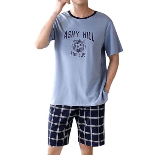 Image of WAZHAKU Men's Short Pyjamas 2 Pack Leisure Suit 2-Piece Short Loungewear Trousers Checked and T-Shirt Lounge Set Short Sleeve Pyjamas for Men Crew Neck Sleepwear Pyjamas Set of 2 Nightwear, R Sky Blue