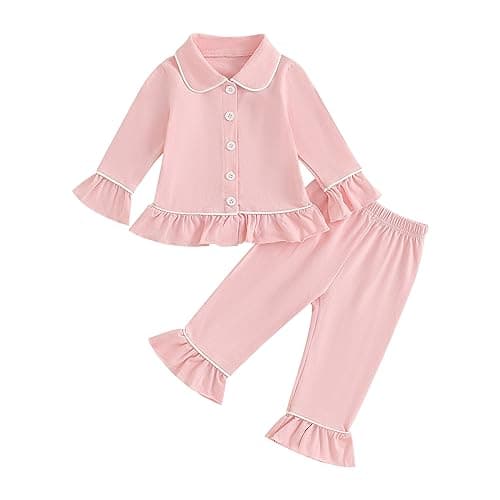 Image of Edhomenn Baby Girl Christmas Pajamas Long Sleeve Lapel Ruffle Hem Buttons Red Tops Pants Suit Christmas 2pcs Outfits Nightwear (02 Pink, 5-6 Years)