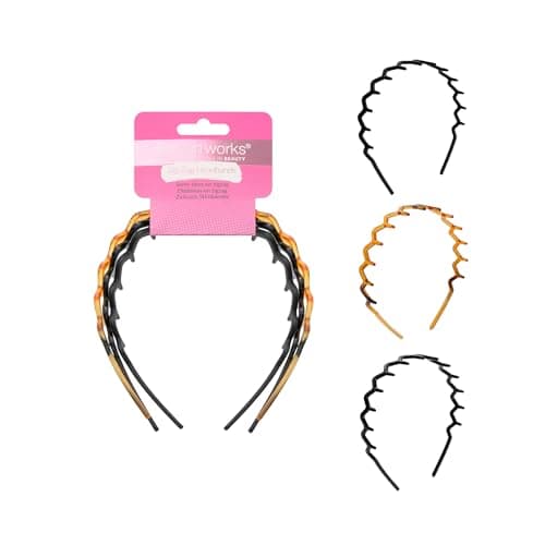 Image of Brushworks Zig-Zag Headband 3-Pack – Retro-Modern Hair Accessory (Shiny Black, Matte Black, Tortoise) – Durable, Comfortable Grip