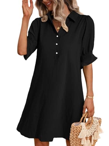 Image of Zeagoo Dress for Women UK Summer V Neck Half Sleeve Elegant Dresses Casual Shirt Dress Office Black