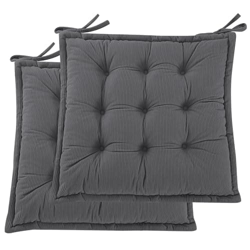 Image of PRIMEPATIO Corduroy Chair Cushions Set of 2, 45x45cm Dining Seat Pads with Ties, 7CM Thick Shredded Foam Seat Pads for Kitchen, Garden Patio Chairs, Soft Tufted Cushion Indoor Outdoor, Grey