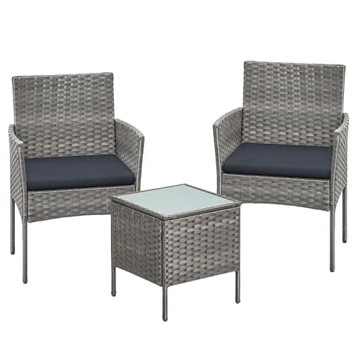 Image of SONGMICS Garden Furniture Set, Outdoor PE Rattan Conversation Sets, 3-Piece Outdoor Lounge Set with Table and 2 Chairs, Patio Garden Furniture, for Balcony Deck, Grey GGF003TZ01