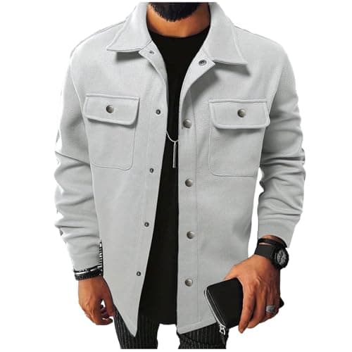 Image of Yolimok Warm Fall Jackets Men's Fleece Lined Shirt Button Down Long Sleeve Jacket Autumn Winter Coats with Flap Pockets Mens T Shirt Winter Jackets for Men Oversized Casual Shacket