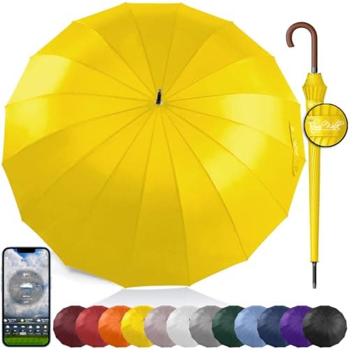 Image of Royal Walk Windproof Umbrella Black Large 54 Inch Automatic Open for 2 Persons Stormproof for Men Women Classic Wooden Handle Lightweight Waterproof Durable Strong 16 Ribs Travel Golf 120cm Yellow