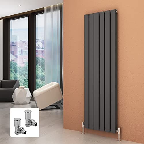 Image of ELEGANT Vertical Radiator Double Anthracite Flat Panel 1600 x 452 mm Designer Vertical Radiators with Angled Radiator Valves