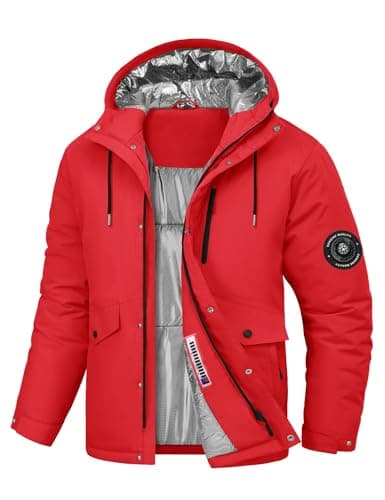 Image of TOMEEK Men's Waterproof Fleece Hooded Jackets Warm Winter Coat Windproof Ski Jacket with Multi-Pockets Outdoor Compass Coats(Red,L)