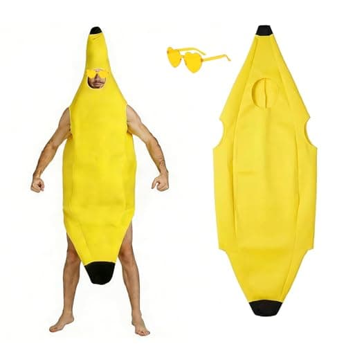 Image of WanderGo Adult Banana Costume Fancy Dress Outfit, Yellow Banana Jumpsuit with Yellow Glasses, 150x56cm Funny Fruit Banana Suit, Halloween Party Cosplay Outfit for 150–170cm Men Women