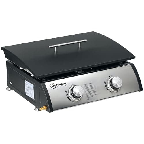 Image of Outsunny Gas Plancha Barbecue Grill with 2 Stainless Steel Burner, 5kW, Portable Tabletop Gas BBQ with Non-Stick Griddle for Camping Picnic Garden Party Festival