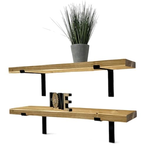 Image of MKGT Set of 2 Rustic Shelves, Wooden Shelving with Brackets for Wall (Rustic Pine, 100cm)