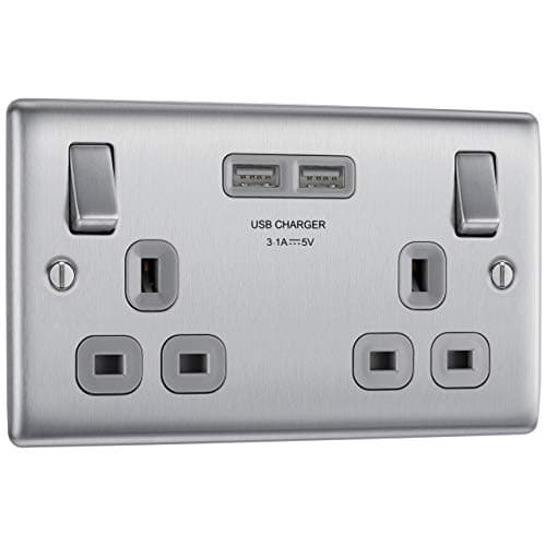 Image of BG Electrical Double Switched Power Wall Plug Socket with Two USB-A Charging Ports, Nexus Metal, Brushed Steel, Grey Inserts, NBS22U3G