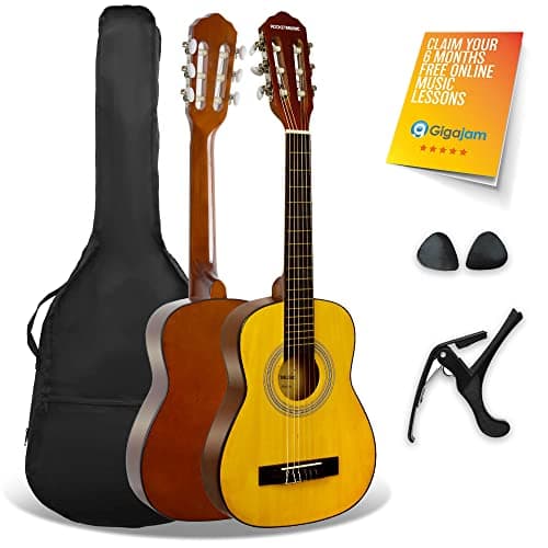 Image of 3rd Avenue XF 1/4 Size Junior Kids Classical Spanish Starter Beginner Pack Acoustic Guitar with Nylon Strings, Gig Bag, Capo and Picks – Natural
