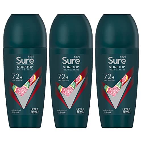 Image of Sure Antiperspirant 72H Nonstop Sweat and Odour Protection Alcohol-Free Roll On with Citrusy, Spicy and Woody Scent Multi Fragrance Deodorant for Men, 50ml Pack of 3 (Ultra Fresh)