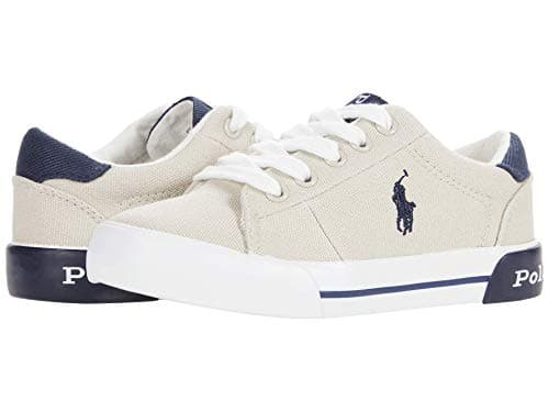 Image of Polo Ralph Lauren Boy's Grafftyn Sneaker (Little Kid/Big Kid), Sand Canvas/Navy/Navy Pony Player, 5 Big Kid