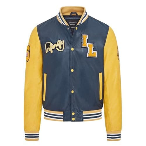 Image of Mens Baseball Blue Yellow Leather Letterman Bomber Jacket