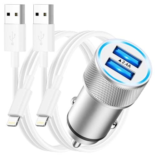 Image of iPhone Car Charger Adapter [A pple MFi Certified],Car Phone Charger Cigarette Lighter USB Charger Dual USB Car Charger with 2x Lightning Cable Fast Charge for iPhone 14 13 12 11 Pro Max/Mini/XS/XR/X/8