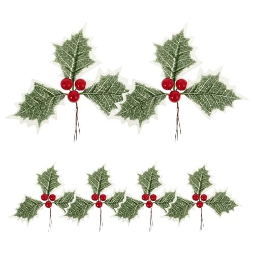 Image of MAGICLULU 6pcs Artificial Holly Berries with Green Silk Leaves Green Leaves Christmas Holly Berry for Wreath Garland Party Home