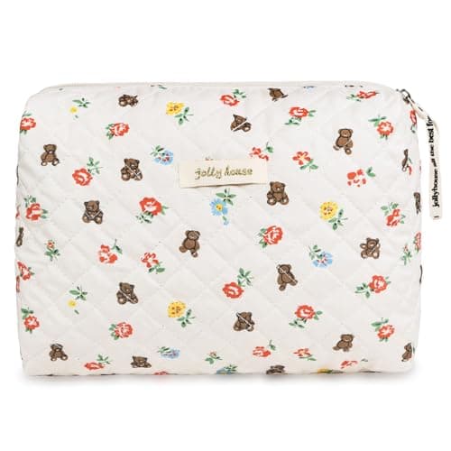Image of Aucuu Cotton Makeup Bag, Portable Travel Cosmetic Bag, Large Capacity Floral Toiletry Bags, Quilted Wash Bags Organizer for Women Girls
