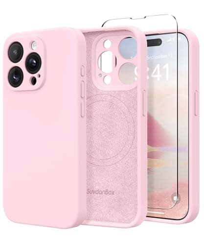 Image of SuydanBox Magnetic for iPhone 14 Pro Max Case, Compatible with MagSafe, [Full Camera Protection][Screen Protector] Silicone Shockproof Protective Phone Case for iPhone 14 Pro Max 6.7", Chalk Pink