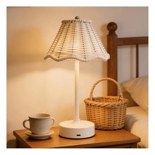 Image of Yanmis Rattan Table Lamp, Rechargeable Boho Bedside Table Lamp, 1200mAh Cordless Lamps with 3 Brightness Options, for Bedroom Living Room Office (White)