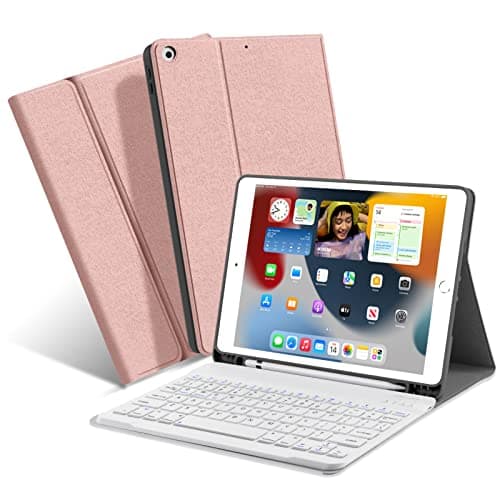 Image of XIWMIX Keyboard Case for iPad 10.2 (9th Gen 2021/ 8th Gen 2020/ 7th Gen 2019), Slim Smart Protective Case with Pencil Holder and Magnetic Wireless Detachable Bluetooth Keyboard, Rose Gold