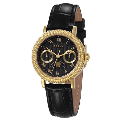 Image of BERNY Women Watch Ladies Quartz Watch Moon Phase Analog Watches Genuine Leather Strap Fashion Watches for Women 3ATM Waterproof
